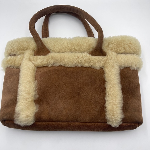 Flurries Shearling Suede Tote Bag Brown Faux Fur Winter Handbag Cozy Style - Picture 8 of 9